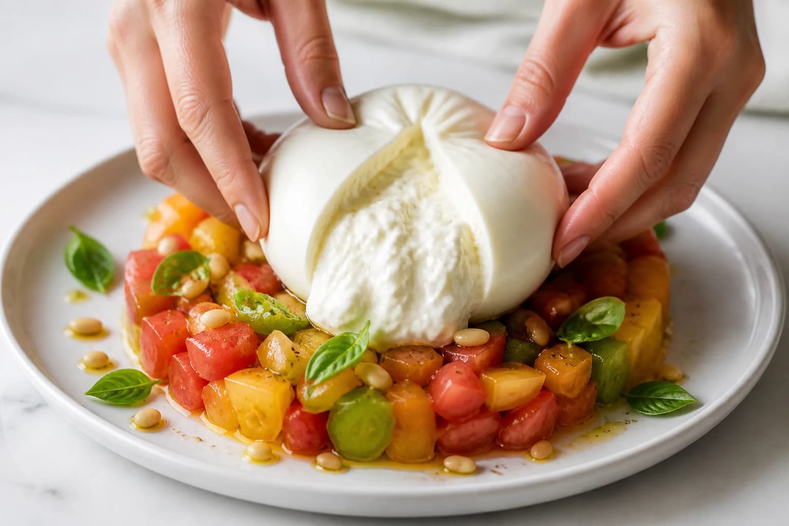 Etape 4 : Placer la burrata et finaliser le dressage — Tartare de tomates anciennes & burrata