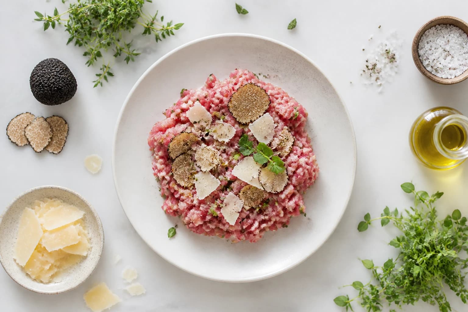 Tartare de veau truffe d'été parmesan avec ingrédients disposés autour — ingrédients frais sur marbre clair