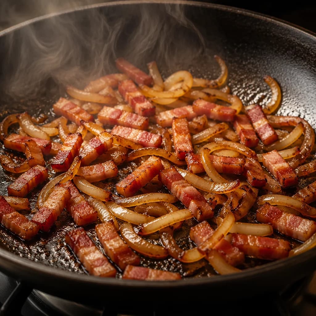 Étape 2 : Faire revenir les lardons et oignons — Tartiflette savoureuse & allégée