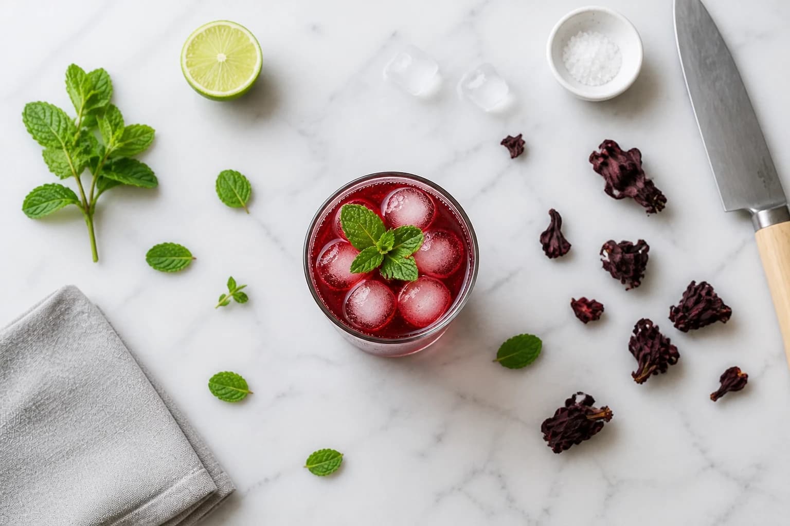 Thé glacé hibiscus-menthe rouge rubis servi avec glaçons et feuilles de menthe fraîche