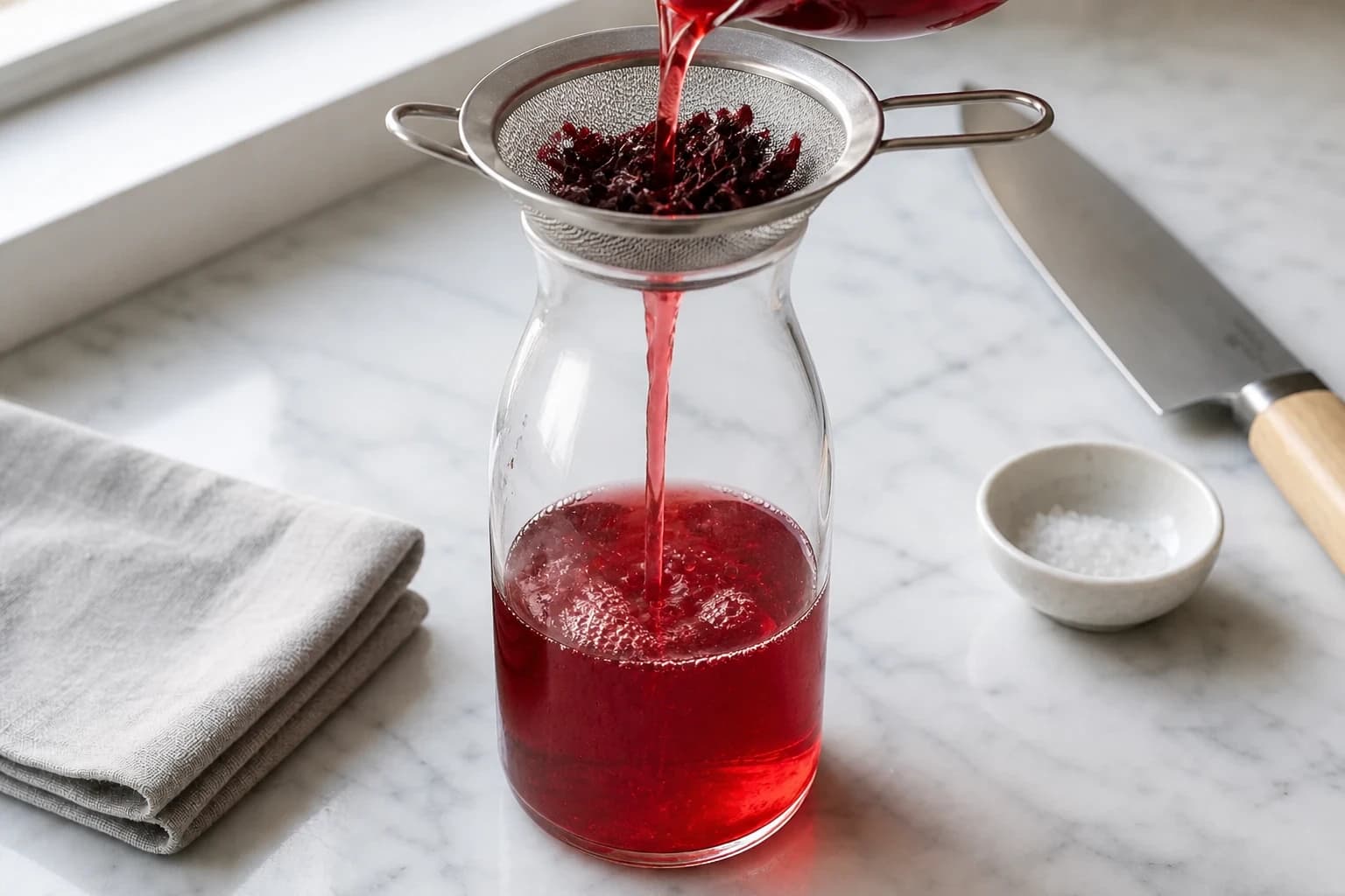 Etape 3 : Filtrer l'infusion — Thé glacé hibiscus : la recette éclatante
