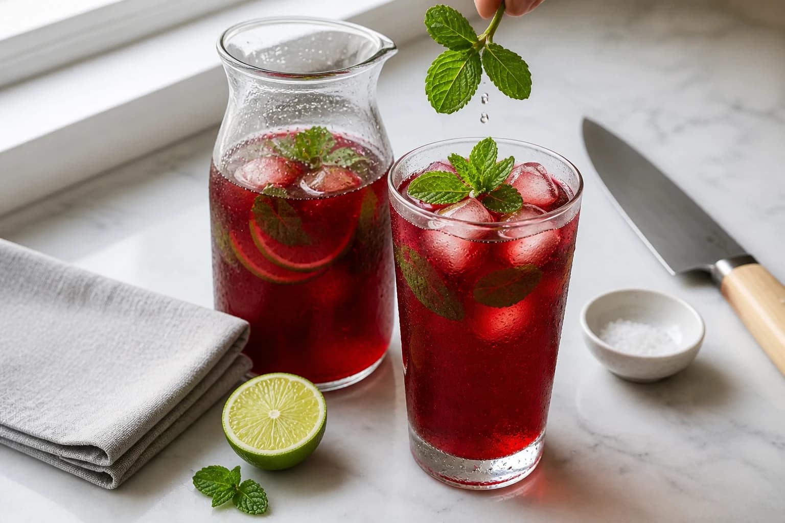 Etape 4 : Ajouter la menthe et le citron vert — Thé glacé hibiscus : la recette éclatante