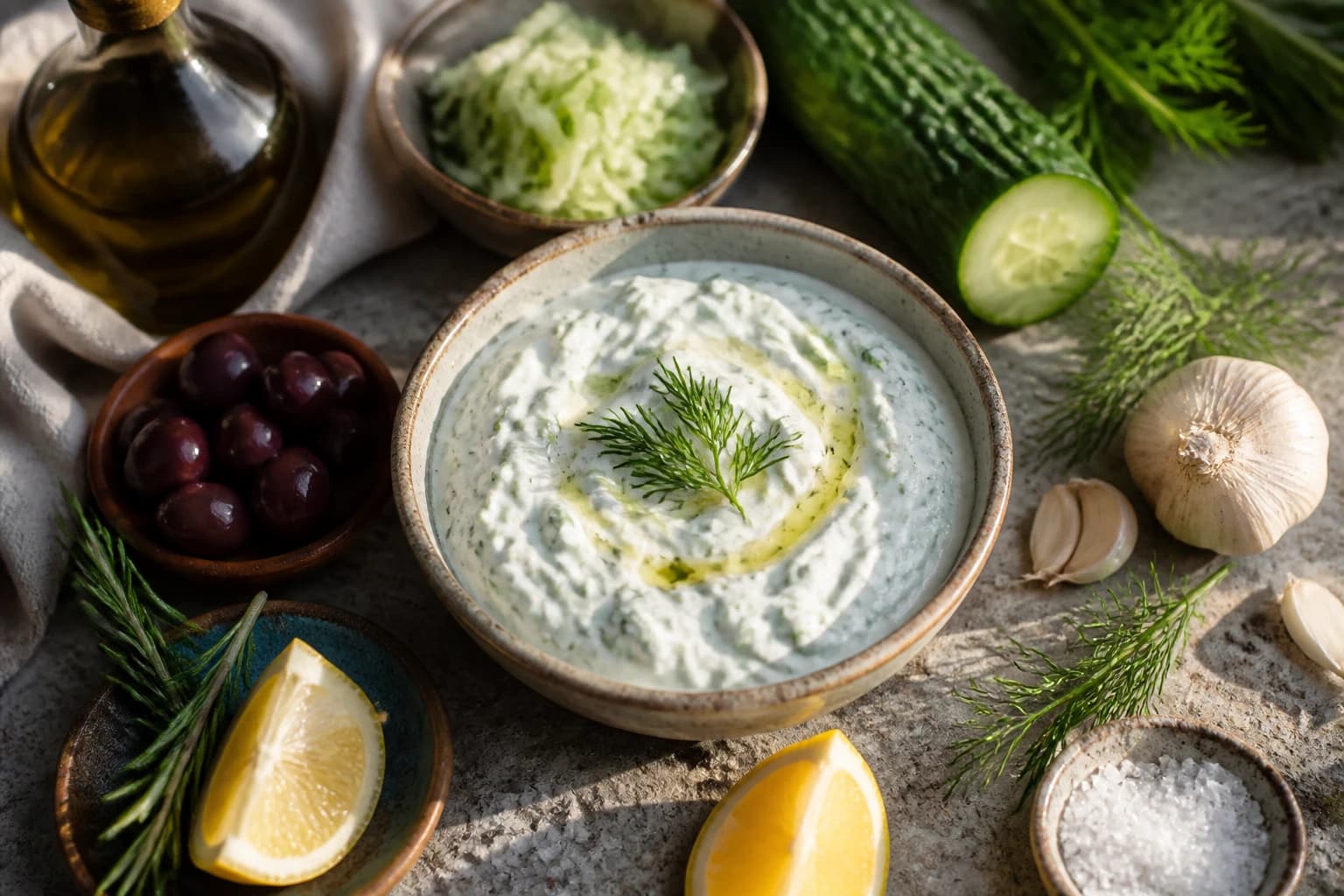 Tzatziki maison crémeux au yaourt grec, concombre, ail et aneth, arrosé d'huile d'olive dans un bol