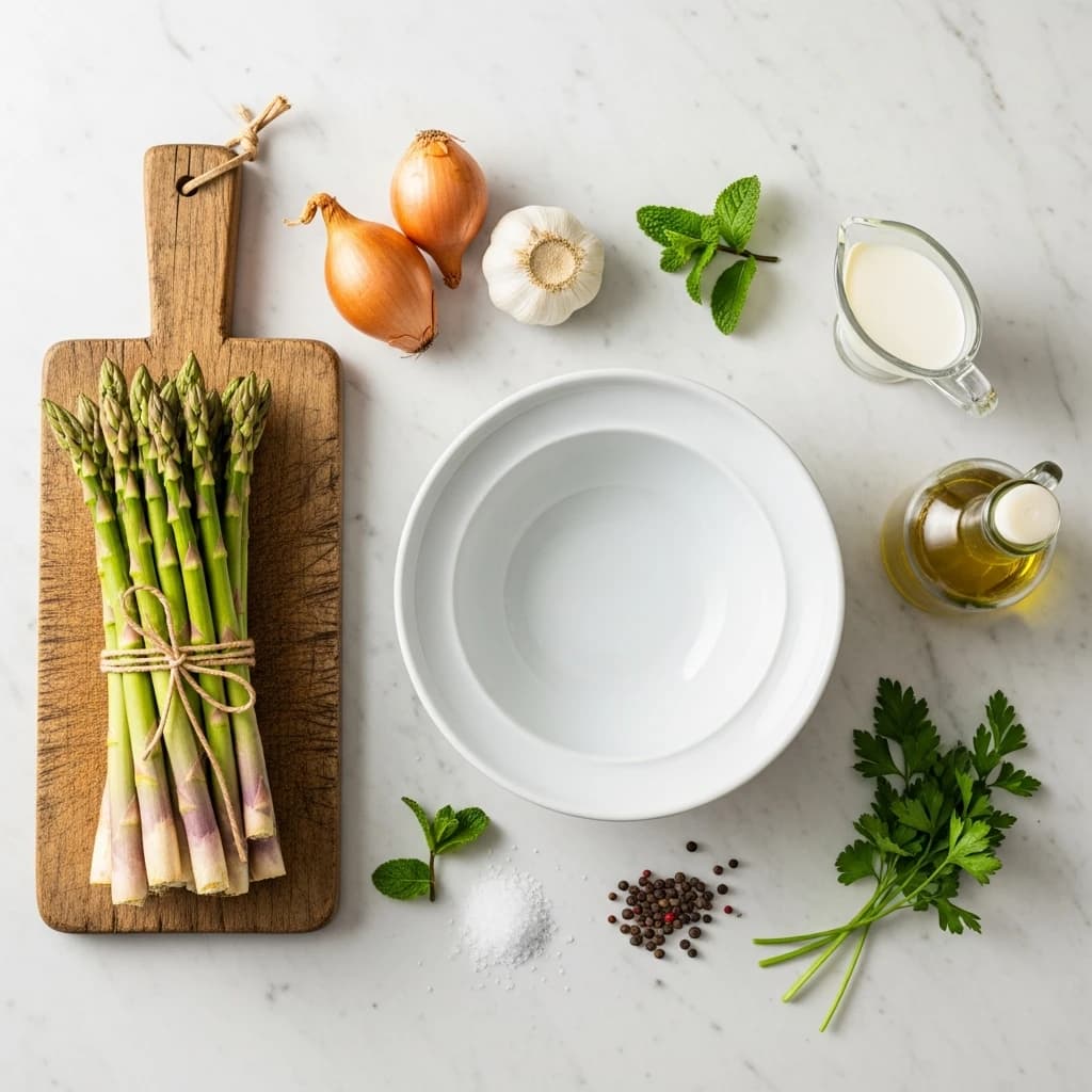 Velouté d'asperges vertes dans un bol avec garniture de pointes d'asperges