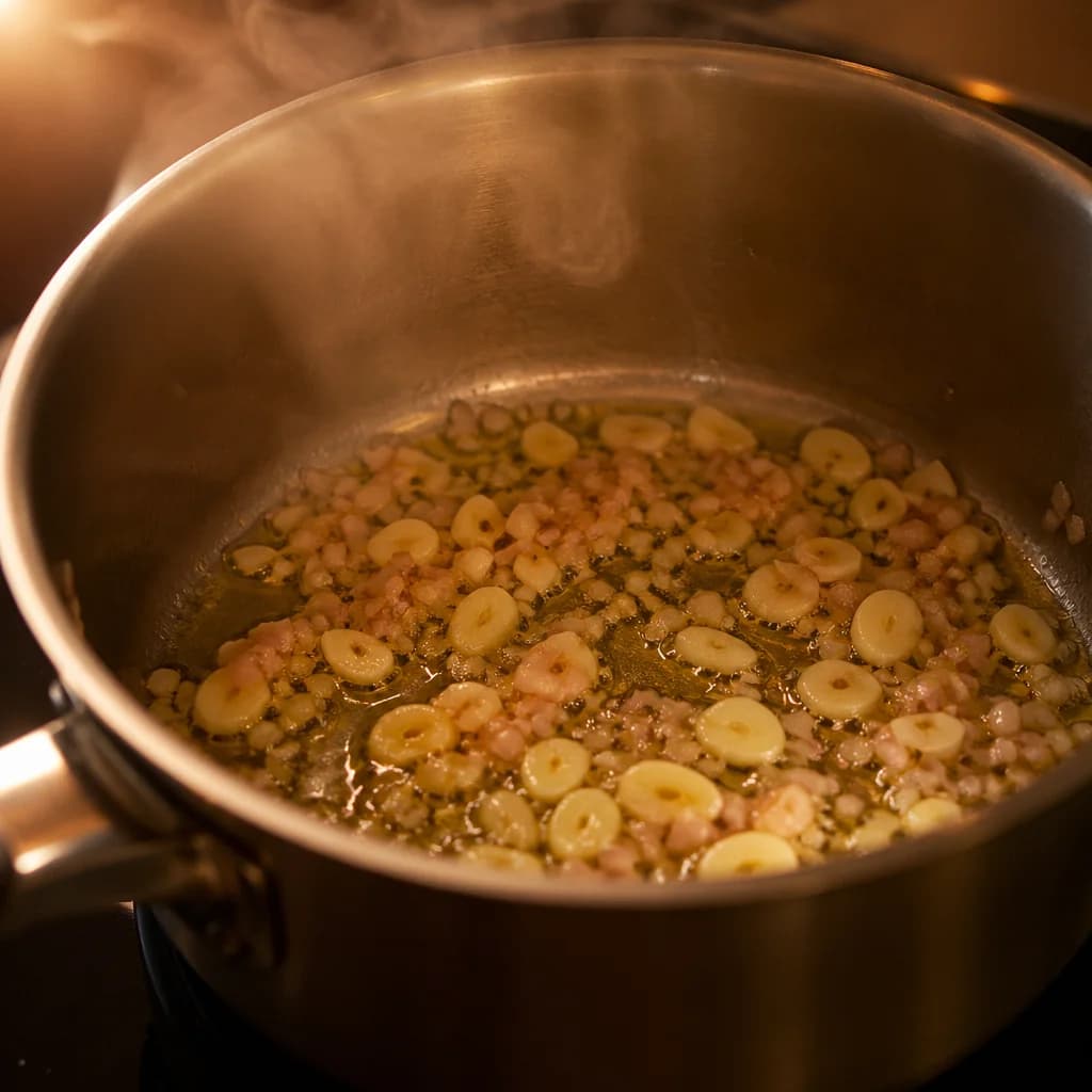 Etape 2 : Faire revenir l'échalote et l'ail — Velouté d'asperges vertes onctueux