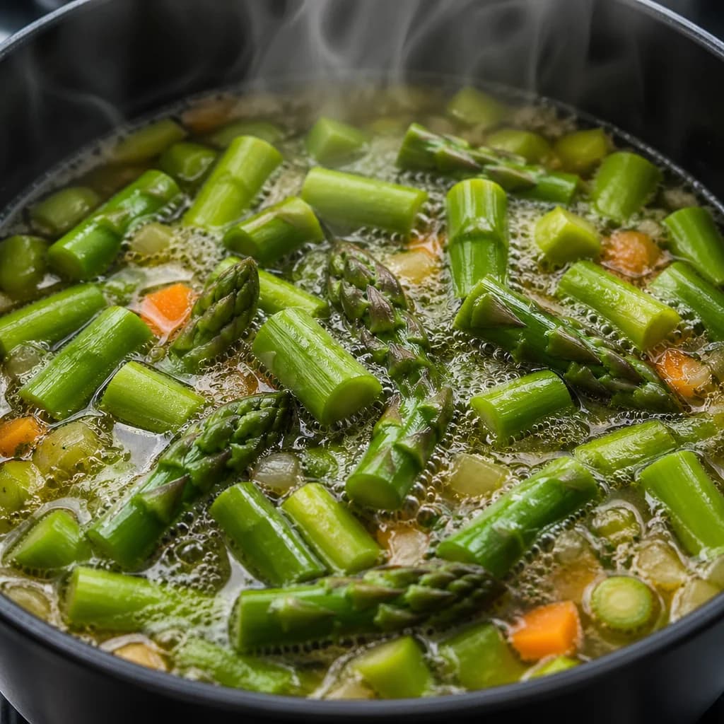 Etape 3 : Cuire les asperges dans le bouillon — Velouté d'asperges vertes onctueux