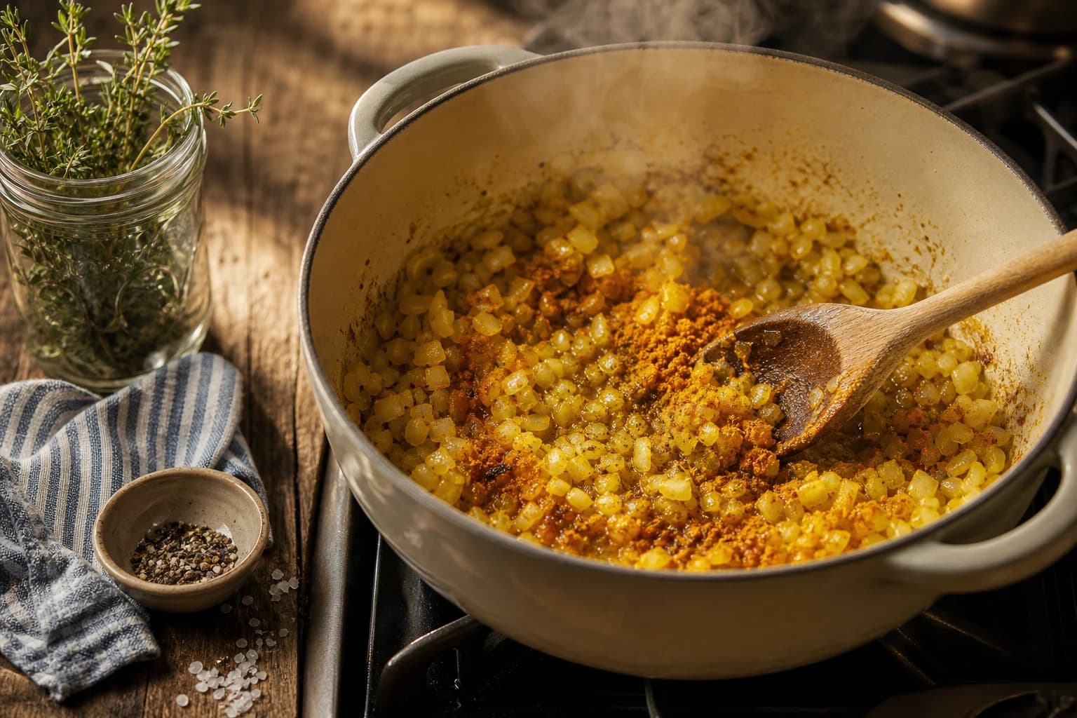 Etape 2 : Faire revenir épices et aromates — Velouté chou-fleur, curry & coco