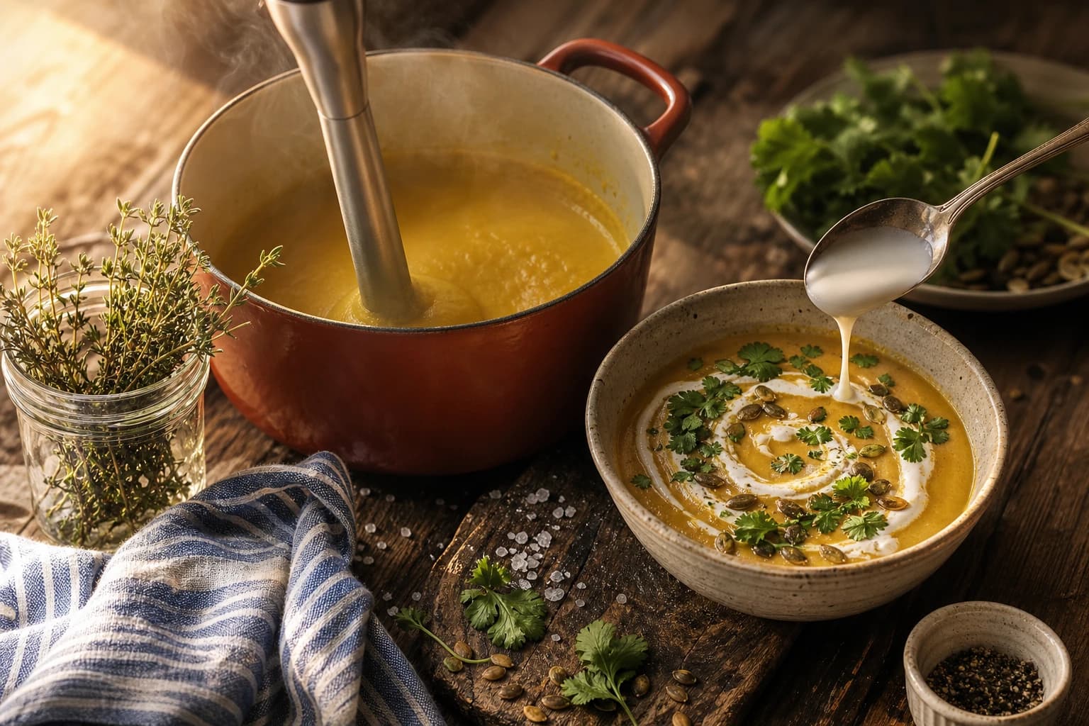 Etape 4 : Mixer, dresser, servir — Velouté chou-fleur, curry & coco
