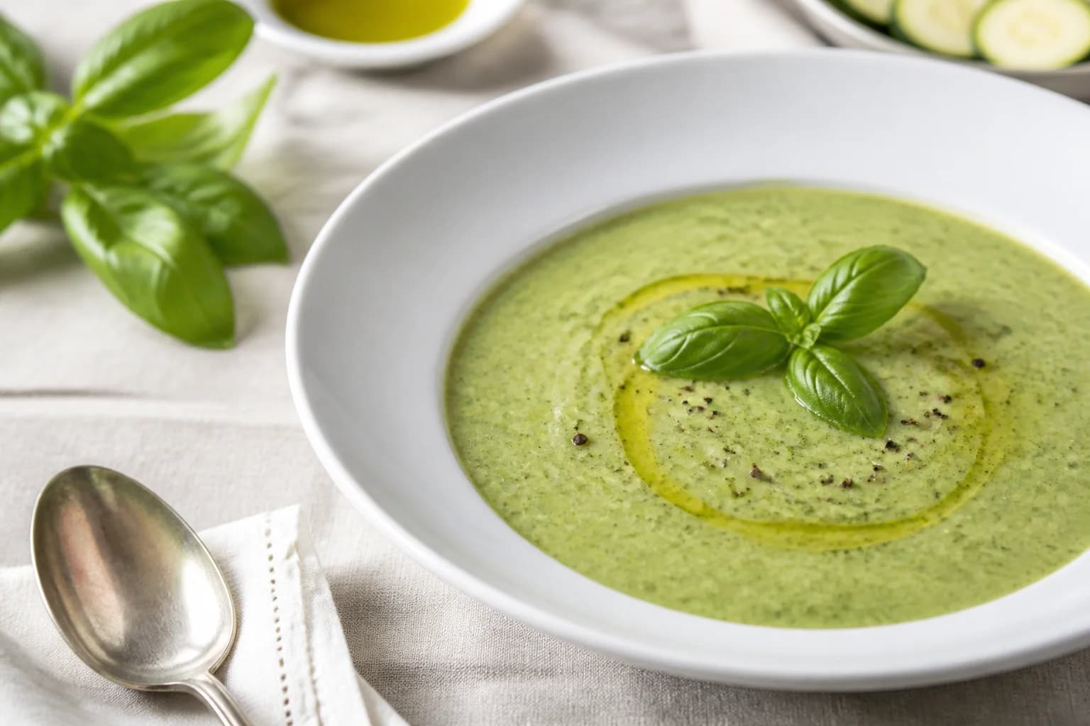 Velouté de courgettes basilic vegan dans un bol blanc, garni d'un filet d'huile d'olive et de feuilles de basilic frais