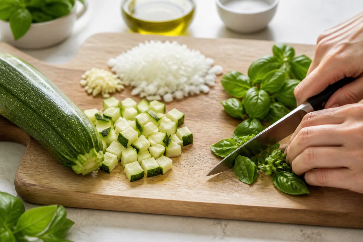 Étape 1 : Préparer les légumes — Velouté courgettes & basilic vegan