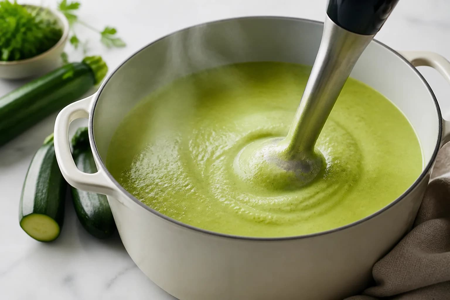 Étape 2 : Faire revenir l'oignon et l'ail — Velouté courgettes & basilic vegan