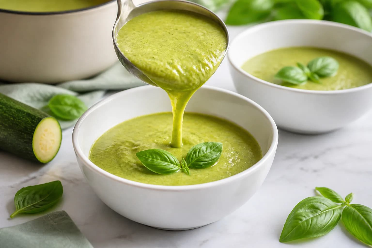 Étape 4 : Mixer avec le basilic et ajuster — Velouté courgettes & basilic vegan