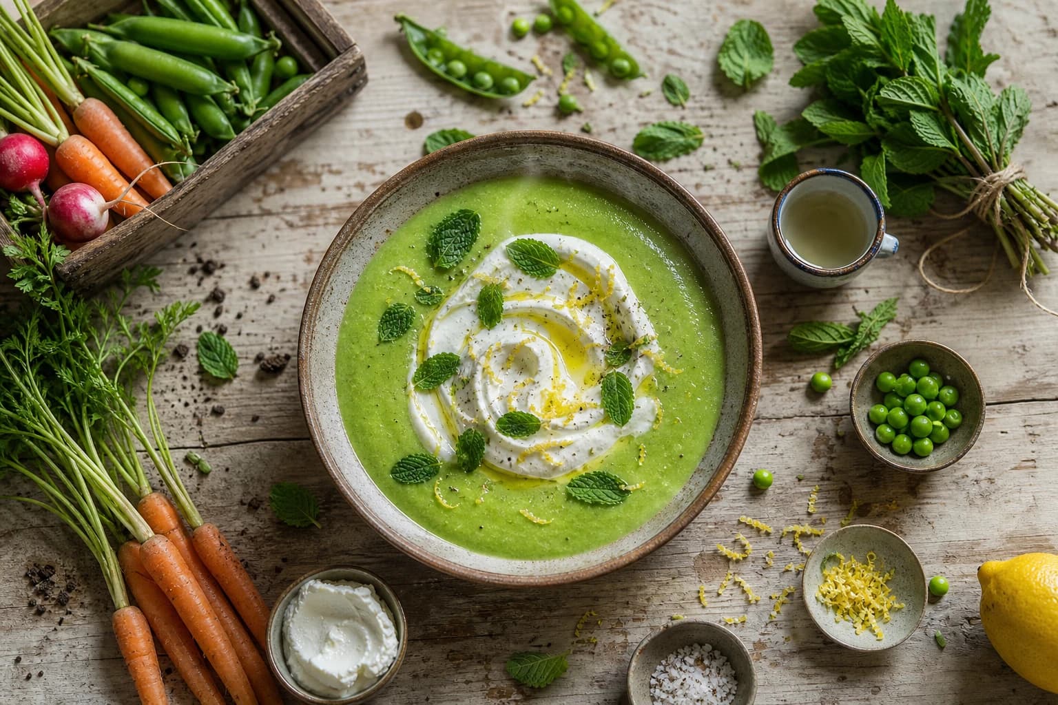 Velouté petits pois menthe avec ingrédients frais autour : petits pois écossés, menthe, ricotta, oignon nouveau