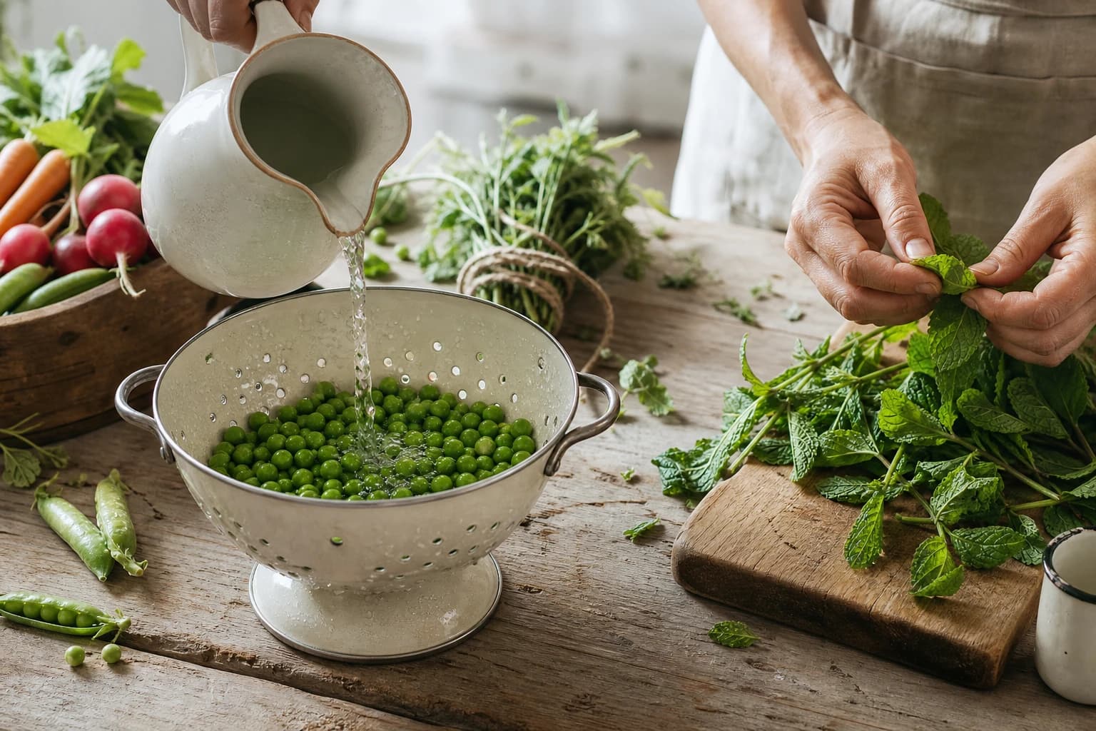 Etape 1 : Préparer les petits pois et la menthe — Velouté petits pois, menthe & fromage frais