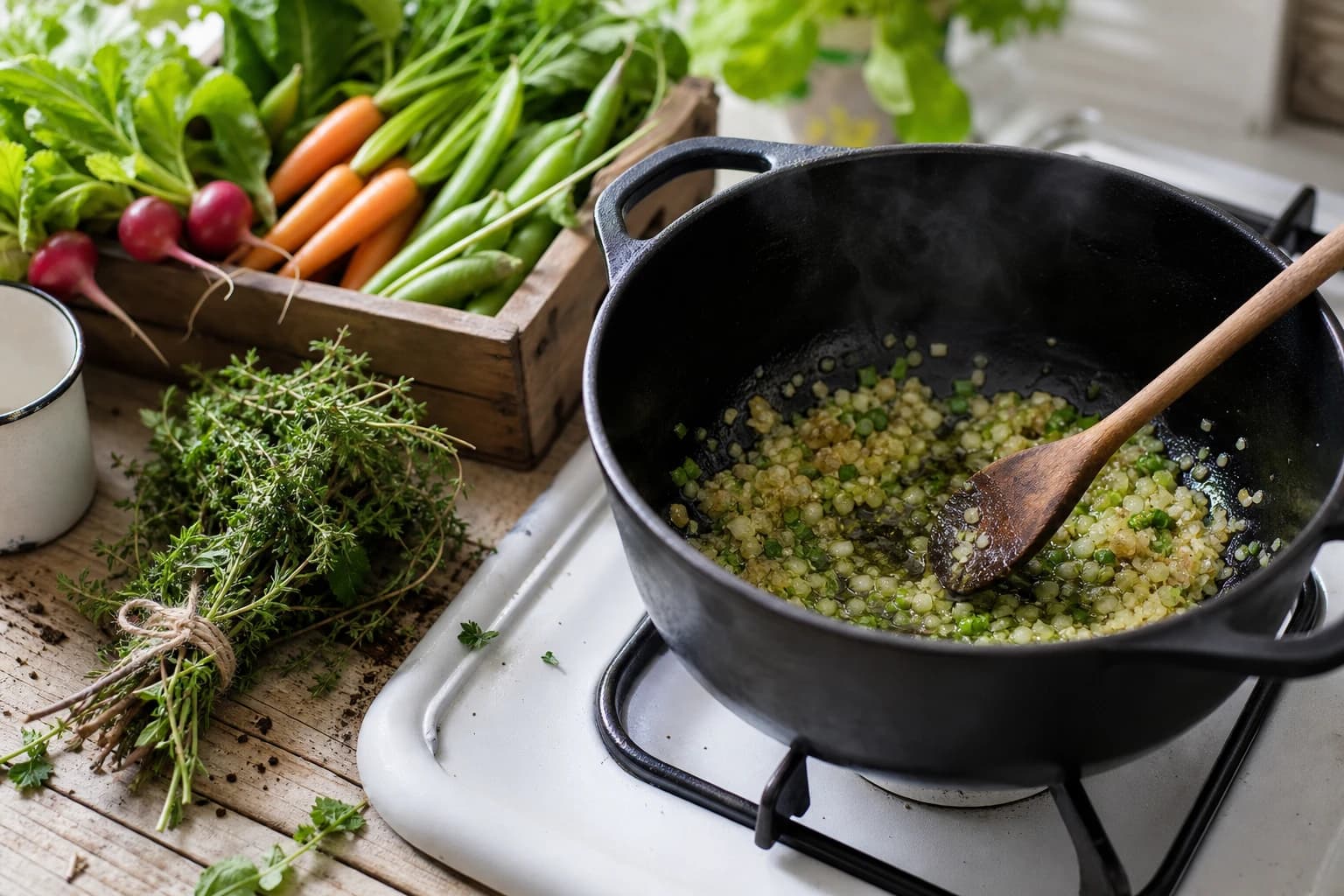 Etape 2 : Faire suer l'oignon nouveau et l'ail — Velouté petits pois, menthe & fromage frais