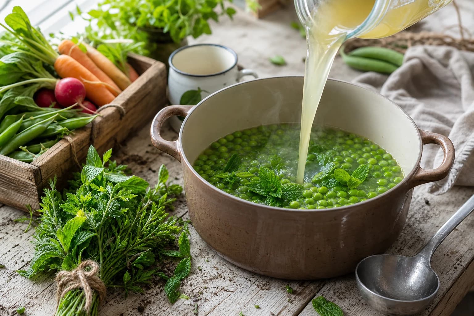 Etape 3 : Cuire les petits pois dans le bouillon — Velouté petits pois, menthe & fromage frais