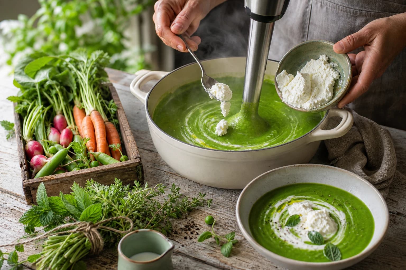 Etape 4 : Mixer avec le fromage frais et dresser — Velouté petits pois, menthe & fromage frais