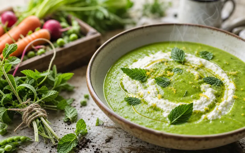 Velouté petits pois, menthe & fromage frais