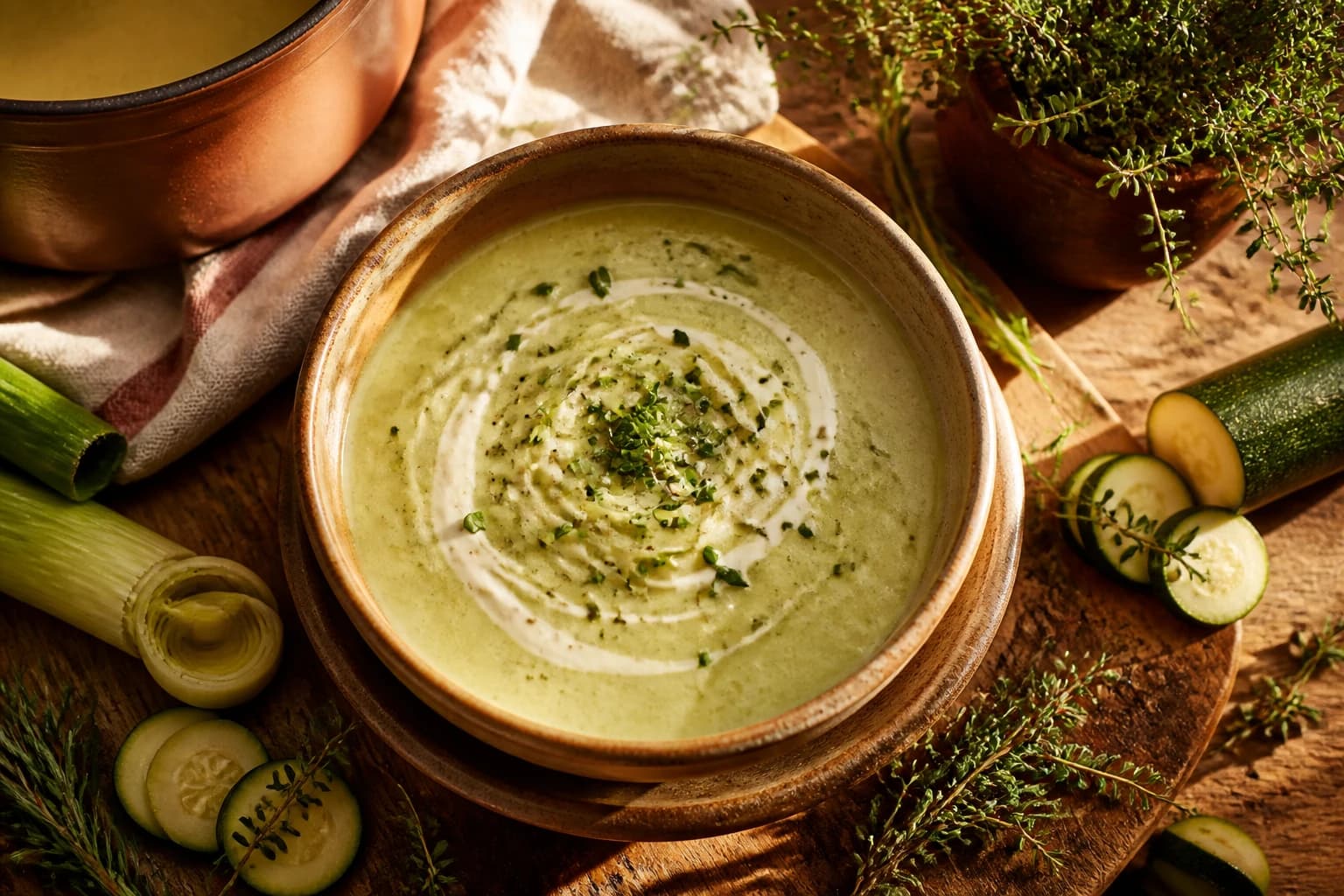 Vichyssoise courgette et poireau servie froide, ingrédients frais autour