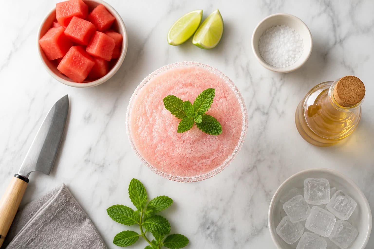 Verre de virgin margarita pastèque avec rim de fleur de sel, prêt à servir en pleine canicule
