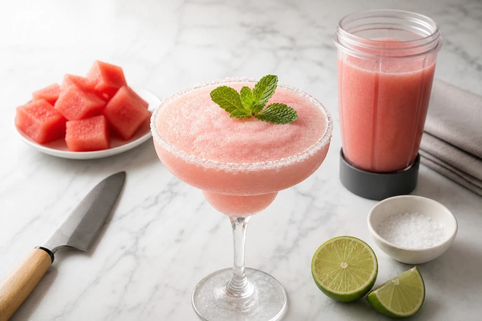 Etape 2 : Mixer la pastèque et le citron vert — Virgin margarita pastèque au rim de sel