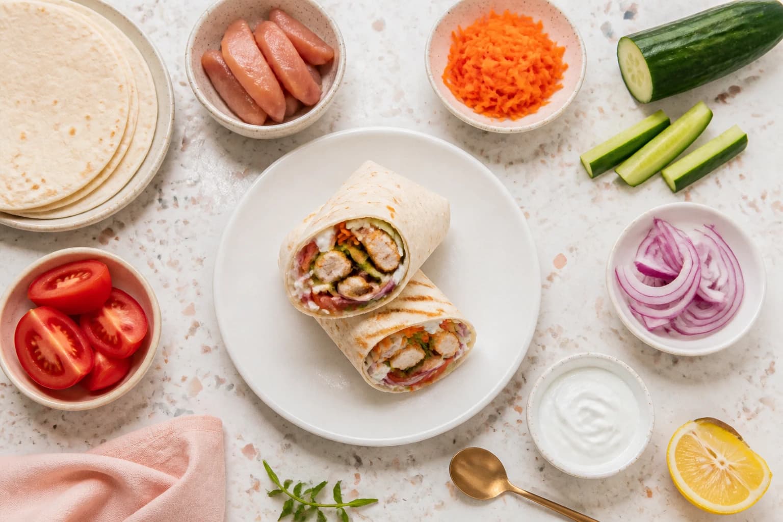 Wrap léger poulet crudités et sauce yaourt coupé en deux, garniture colorée visible