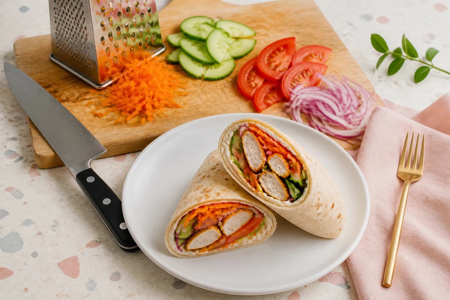 Etape 3 : Tailler les crudités croquantes — Wrap léger poulet crudités, sauce yaourt