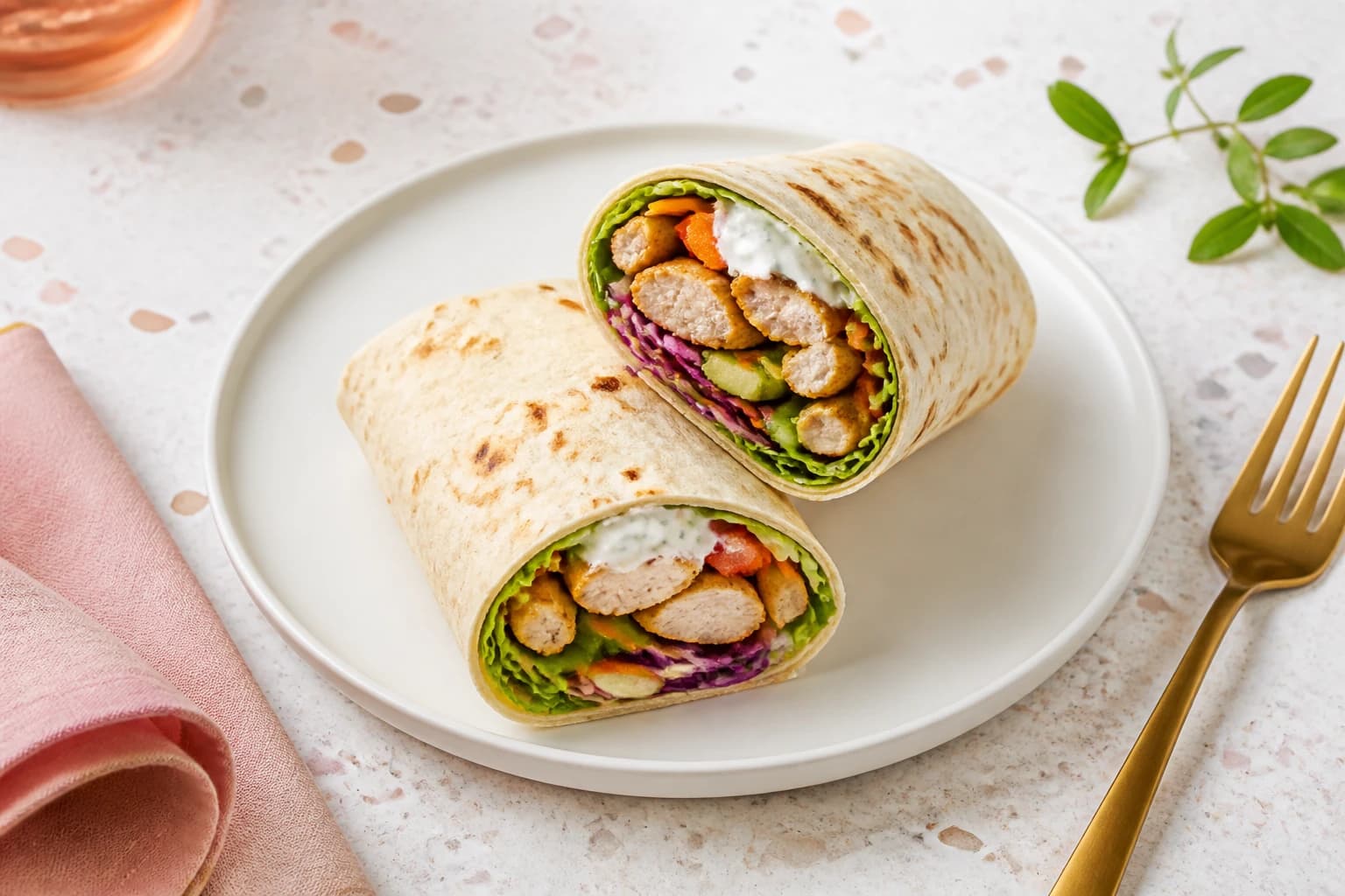 Etape 4 : Garnir et rouler les wraps — Wrap léger poulet crudités, sauce yaourt