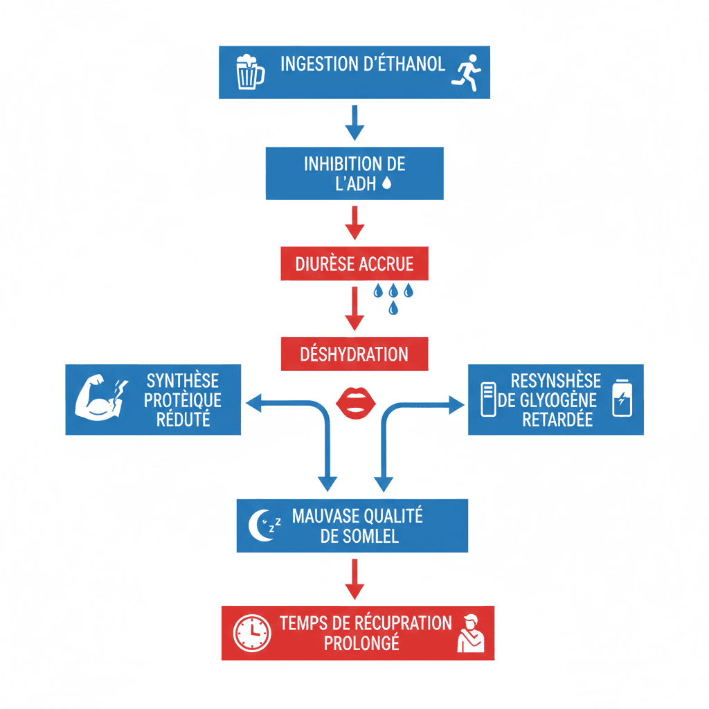 Diagramme en cascade des effets physiologiques de l'alcool après l'effort sportif