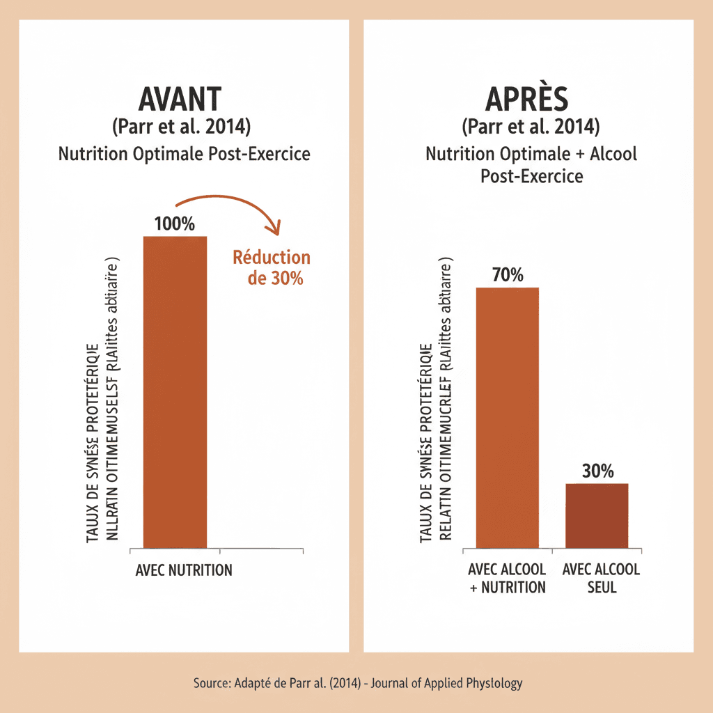 Graphique comparatif de la synthèse protéique musculaire avec et sans alcool après l'effort
