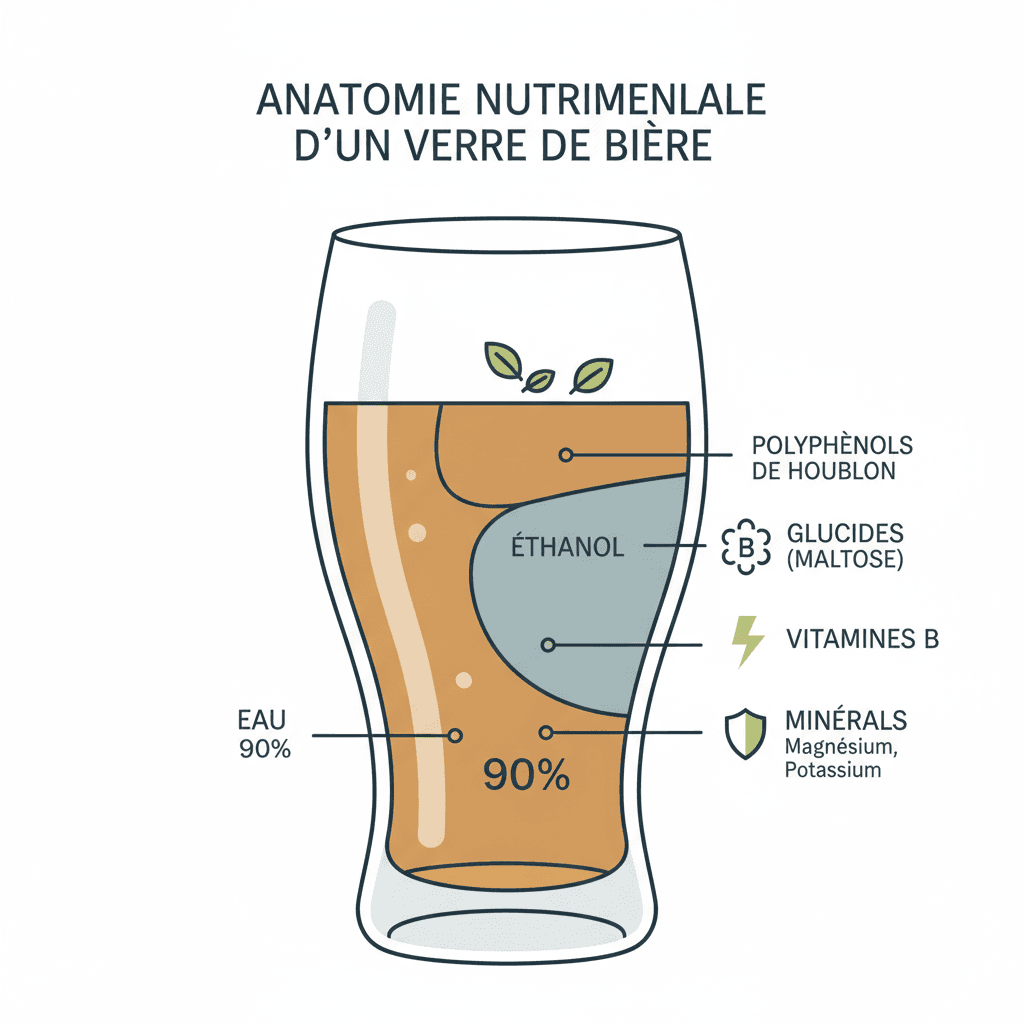 Infographie anatomique de la composition nutritionnelle d'une bière de 33 cl