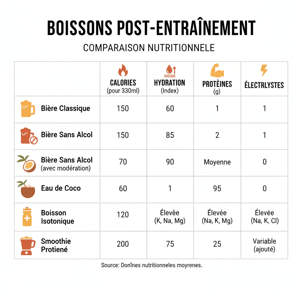 Tableau comparatif de 5 boissons post-effort avec valeurs nutritionnelles