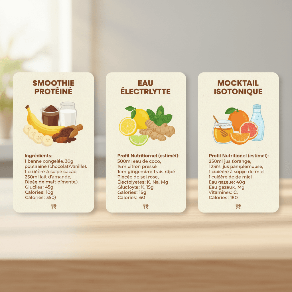 Trois fiches recettes illustrées de boissons de récupération maison pour sportifs