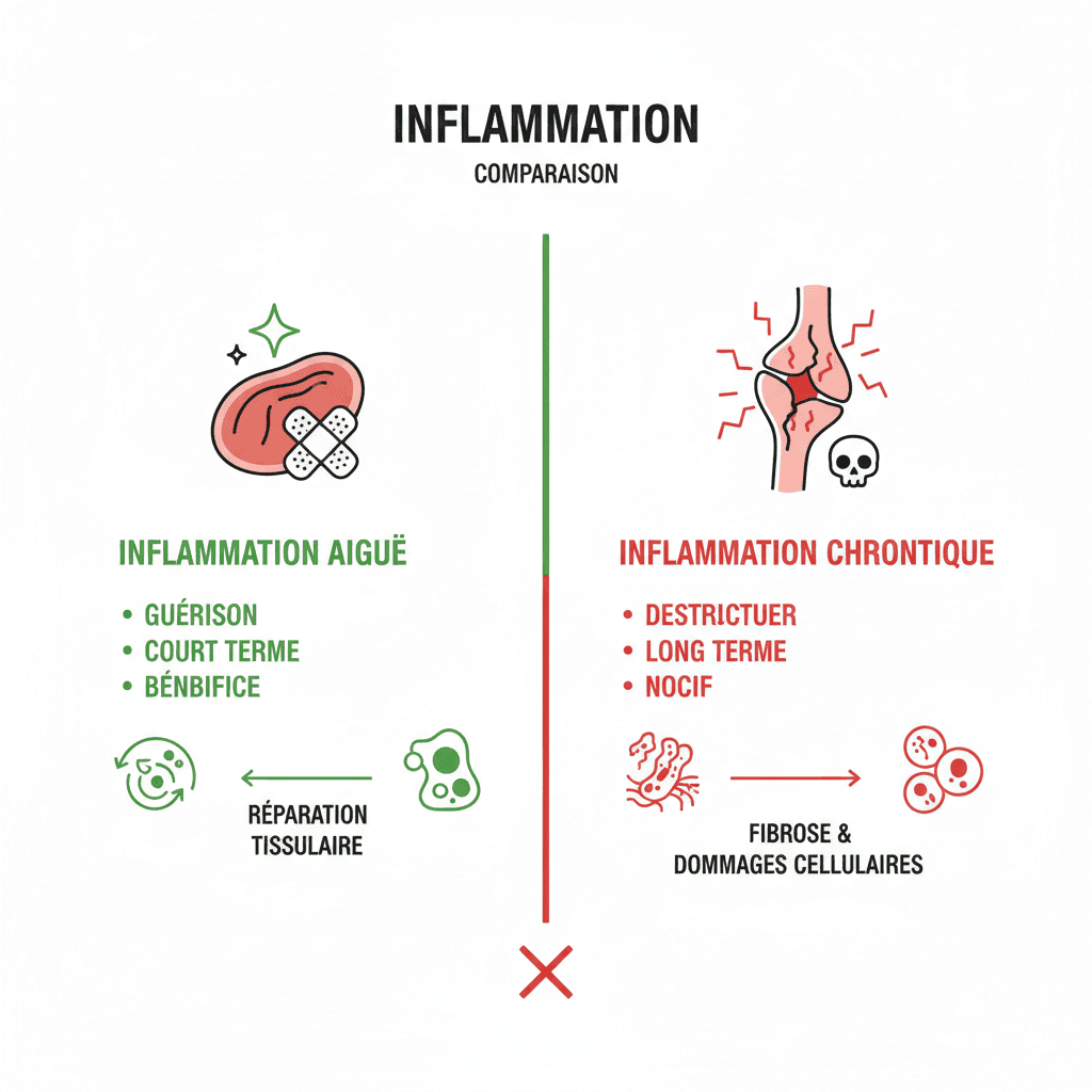 Comparatif visuel : inflammation aiguë (guérison) vs inflammation chronique (destruction)