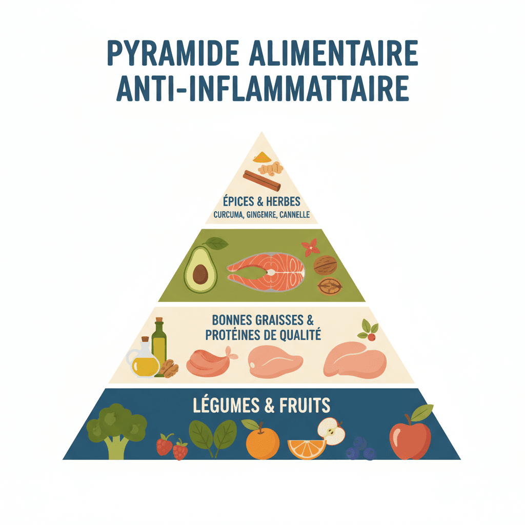 Pyramide anti-inflammatoire : base légumes et fruits, puis bonnes graisses et protéines, sommet épices et herbes