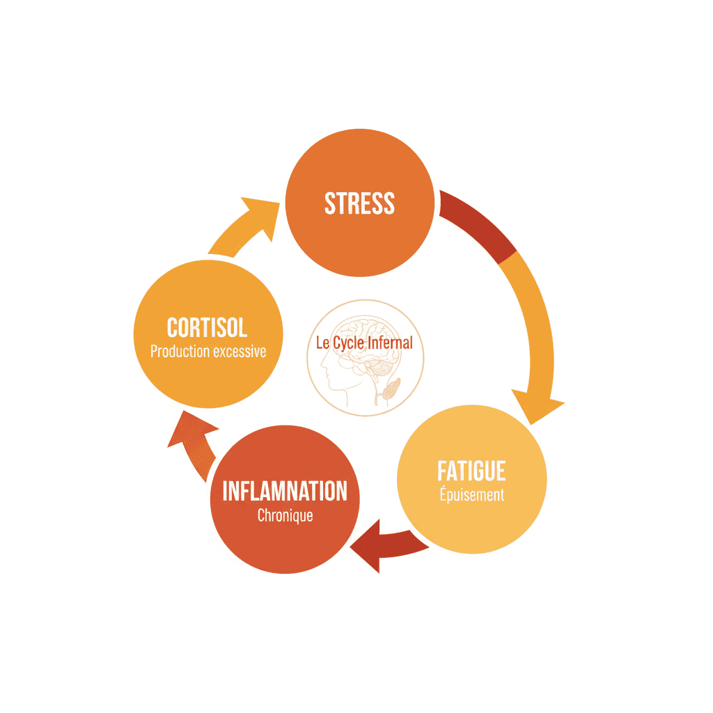 Schéma circulaire : stress, cortisol, inflammation et fatigue en cercle vicieux