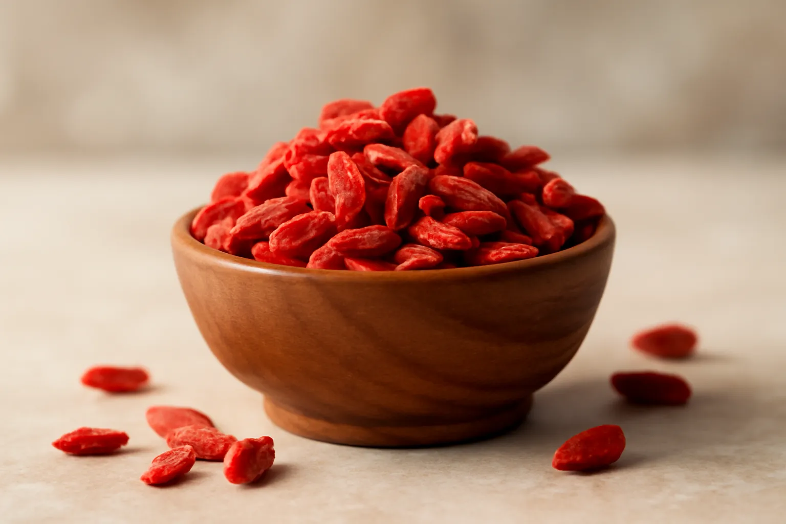 Baies de goji rouges séchées dans un bol en bois, super-aliment