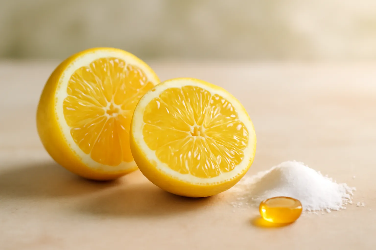 Citron jaune entier et coupé en deux, vitamine C et acide citrique