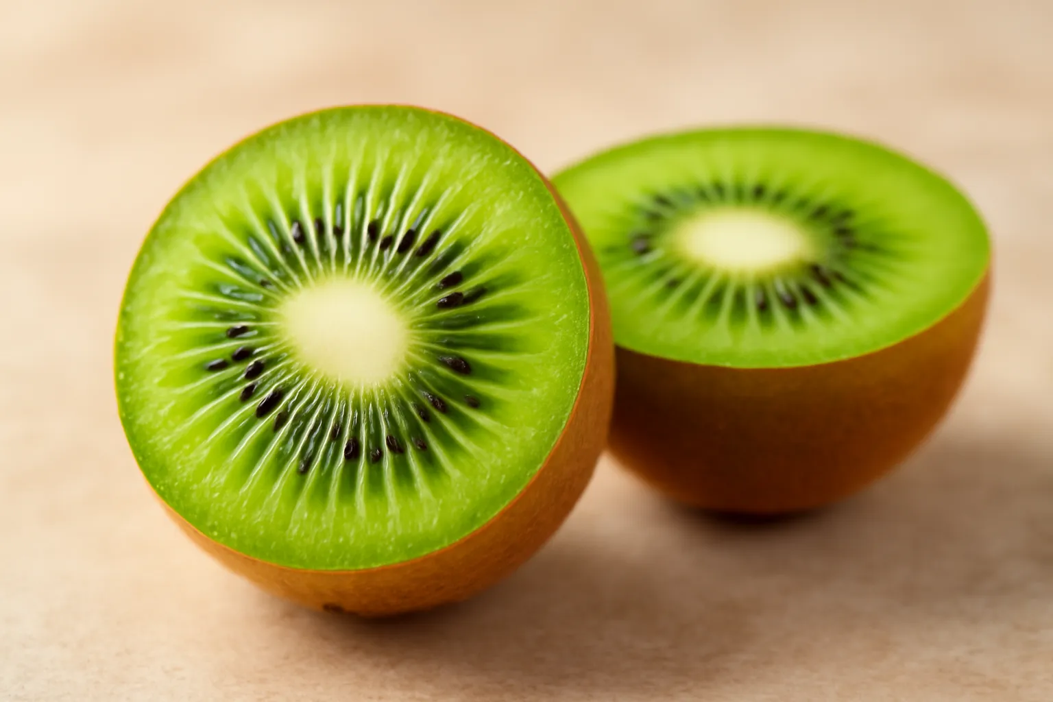 Kiwi vert coupé en deux exposant la chair verte à graines noires, vitamine C