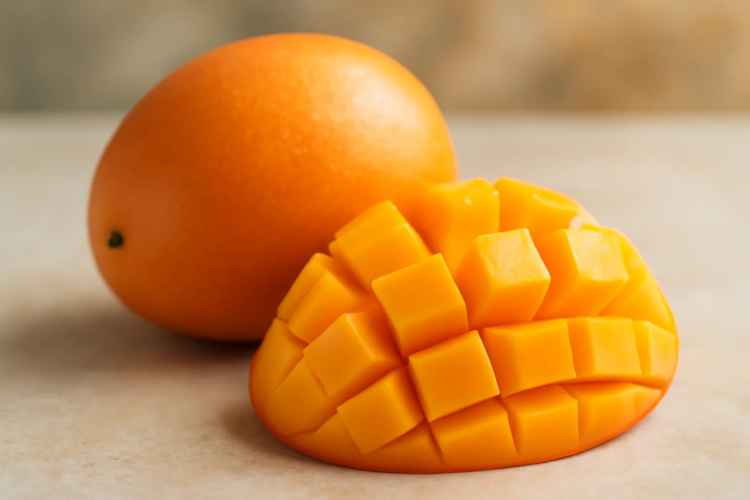 Mangue mûre orange tropicale entière et tranchée, bêta-carotène et vitamine A