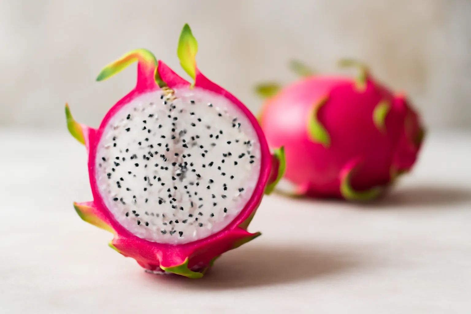 Pitaya fruit du dragon rose vif coupé, chair blanche à graines noires