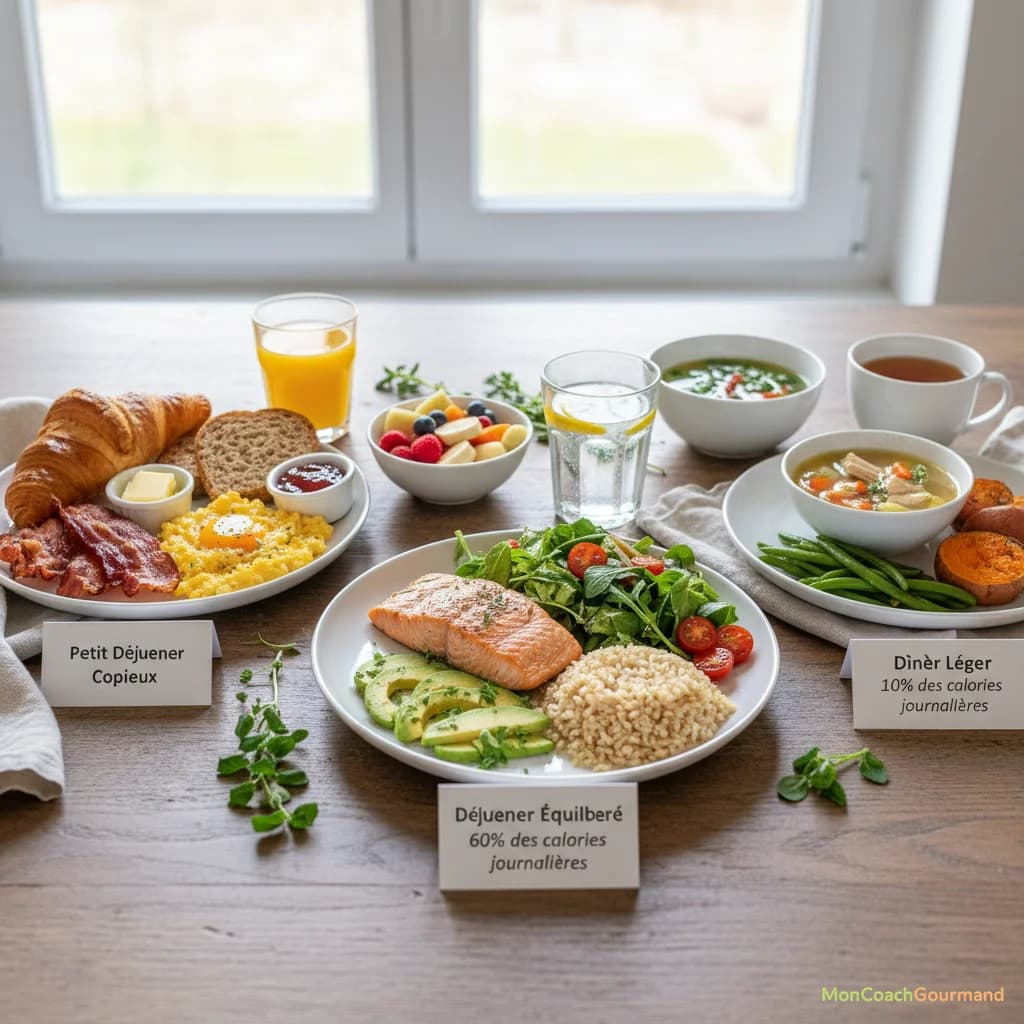 Illustration d'une assiette équilibrée avec des sections pour le petit-déjeuner, le déjeuner et le dîner, illustrant la répartition calorique par repas selon les principes de la chrononutrition. L'image est réaliste, aux couleurs douces.