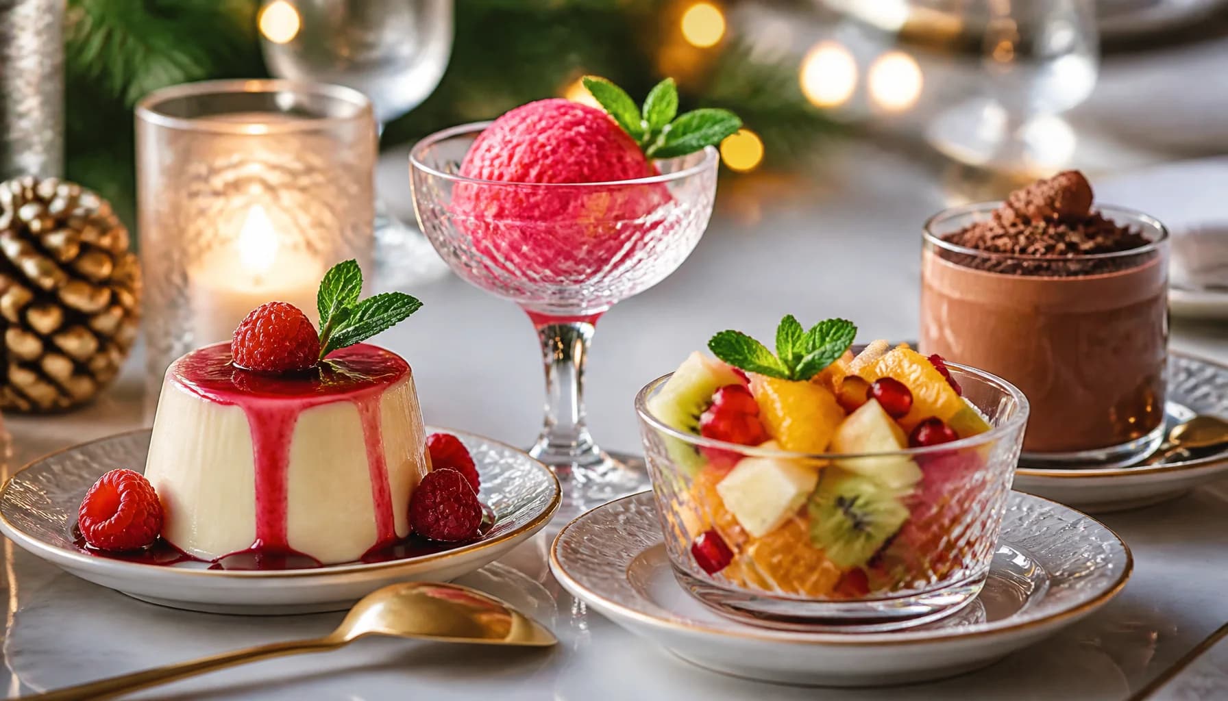 Assortiment de desserts legers festifs : panna cotta, sorbet, salade de fruits