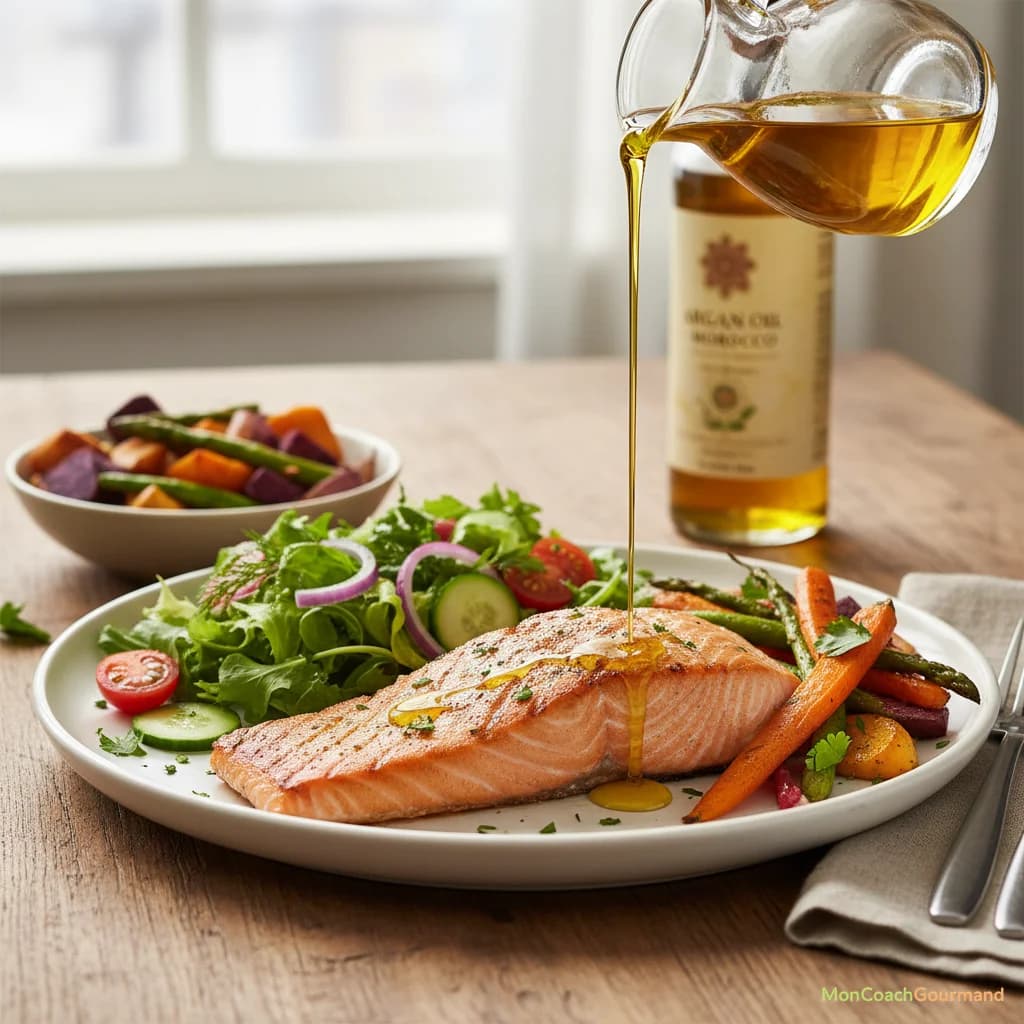 Repas sain avec de l'huile d'argan en filet sur une salade colorée, évoquant les multiples bienfaits pour la santé.