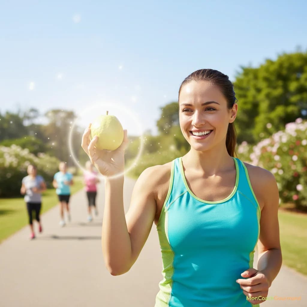 Personne souriante et pleine d'énergie tenant une goyave, symbolisant une immunité renforcée et une vitalité débordante grâce aux bienfaits du fruit.
