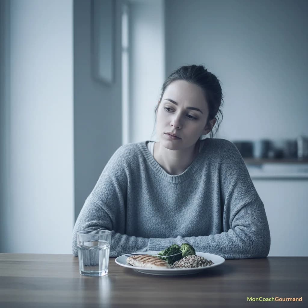 Femme fatiguée regardant une assiette de nourriture, représentant l'impact d'une carence en vitamine B12 sur l'énergie et le métabolisme.