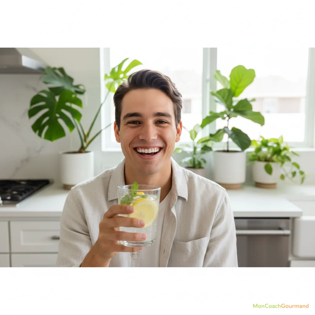 Personne souriante tenant un verre d'eau citronnée dans un environnement lumineux et sain, symbolisant les bienfaits quotidiens du citron.