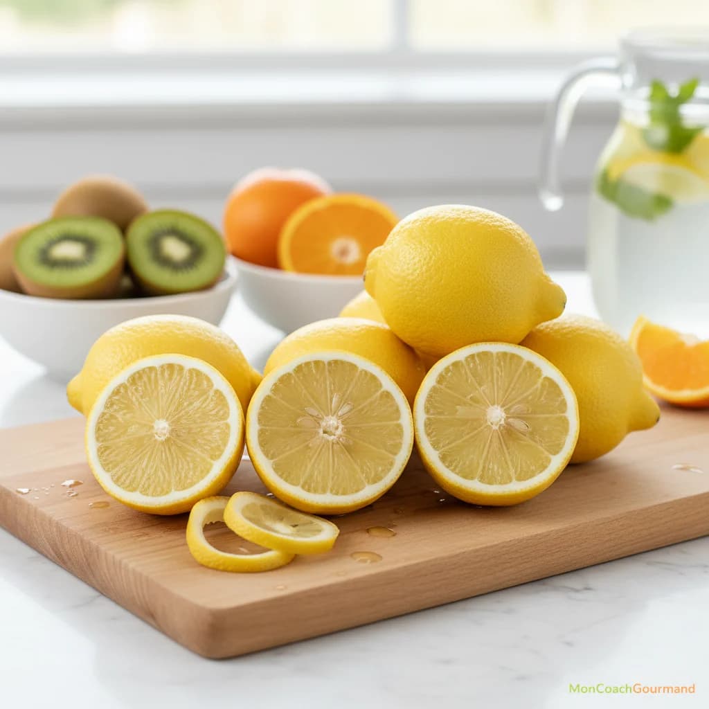 Gros plan réaliste sur des citrons frais et juteux aux couleurs vives, associés à d'autres fruits riches en vitamine C sur une surface de cuisine propre.