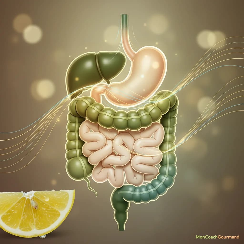 Illustration réaliste et épurée du système digestif humain, avec des lignes douces symbolisant un flux sain et une tranche de citron frais au premier plan, accentuant la connexion entre le fruit et une bonne digestion.