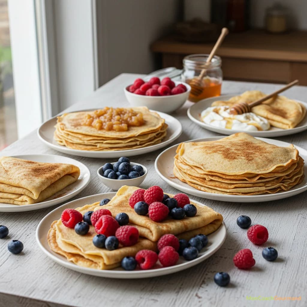 Un assortiment de crêpes saines et gourmandes sur une table en bois. Certaines sont garnies de fruits rouges, d'autres de compote de pommes sans sucre ajouté ou de yaourt grec et miel, avec quelques épices comme la cannelle. Image réaliste, fidèle à la description, aspectRatio 16:9.